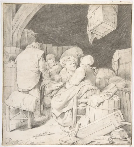Peasants Gathered at an Inn by Cornelis Bega, drawing, 1646-1664