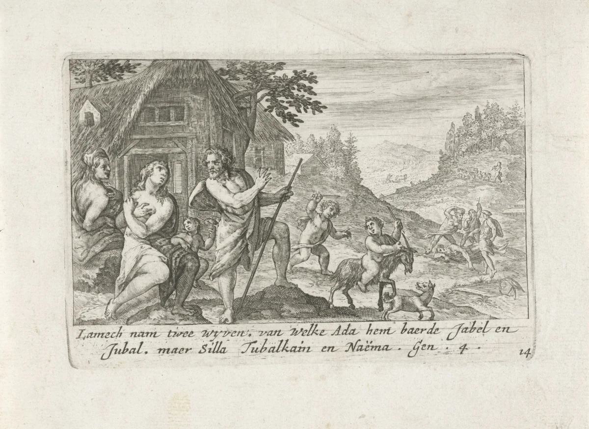Lamech met zijn gezin by Crispijn van de Passe, print, 1700-1750