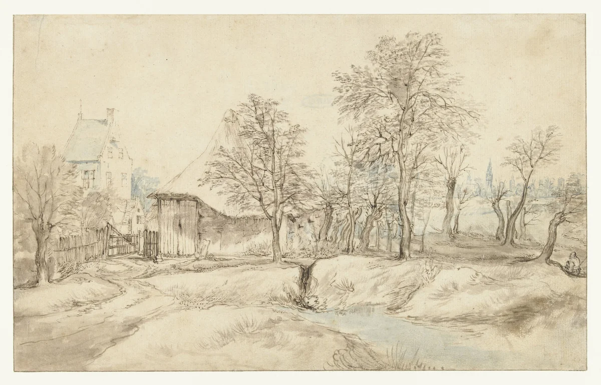 Hoeve tussen bomen by Jan Brueghel, drawing, 1578-1623