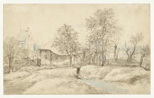 Hoeve tussen bomen by Jan Brueghel, drawing, 1578-1623