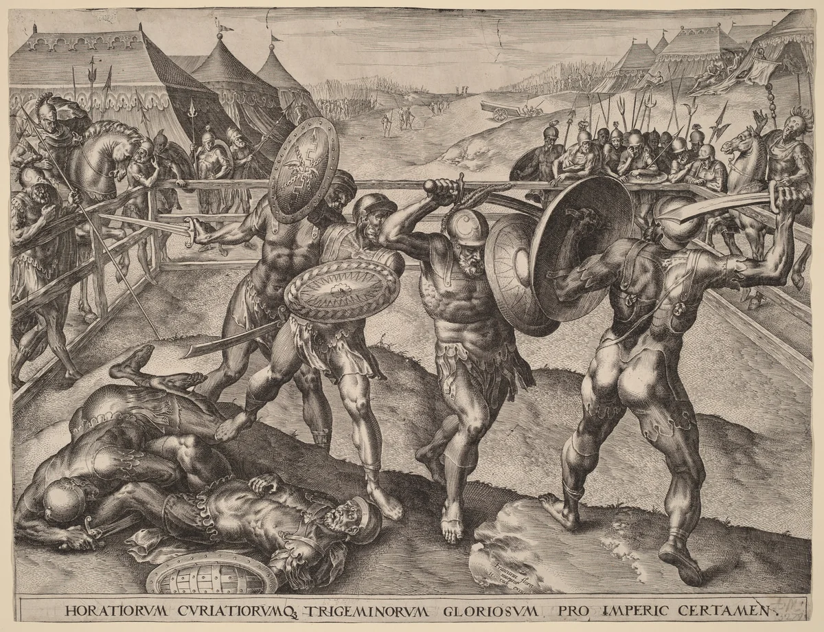 Battle of the Horatii and the Curiatii by Frans Floris
Hieronymus Cock, print, 1500-1599