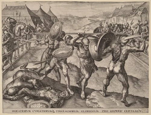 Battle of the Horatii and the Curiatii by Frans Floris
Hieronymus Cock, print, 1500-1599