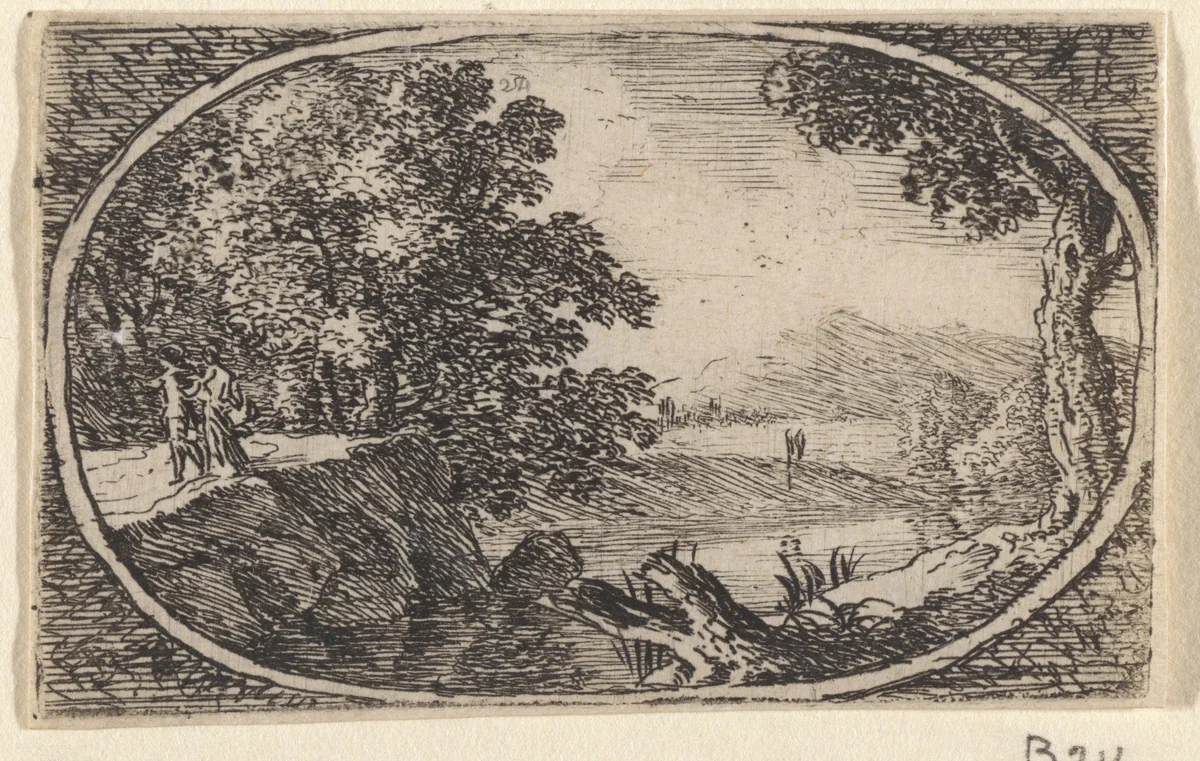 Landschap met een boomstronk bij een rivier by Herman van Swanevelt, print, 1650-1655
