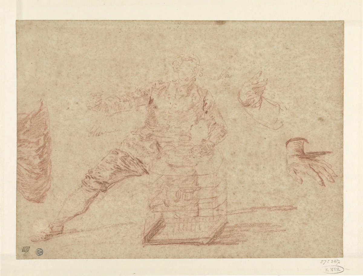 Schetsen van een man, twee handen en een stuk draperie by Nicolas Lancret, drawing, 1700-1745
