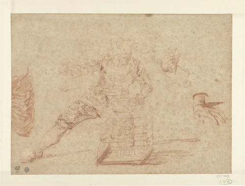 Schetsen van een man, twee handen en een stuk draperie by Nicolas Lancret, drawing, 1700-1745