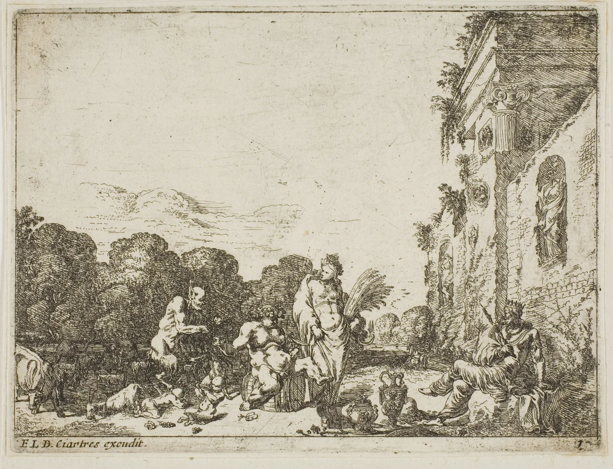 Bacchanalian Scene with Allegorical Figures by Johann Wilhelm Bauer, print, 1627-1642