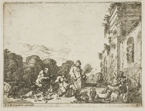 Bacchanalian Scene with Allegorical Figures by Johann Wilhelm Bauer, print, 1627-1642