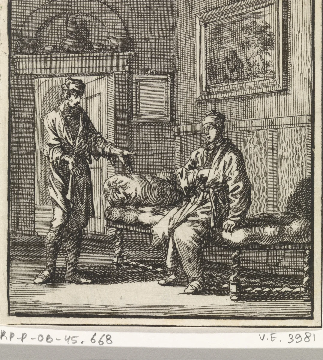 Vanaf een bank voert een man een gesprek met een andere man by Jan Luyken, print, 1711