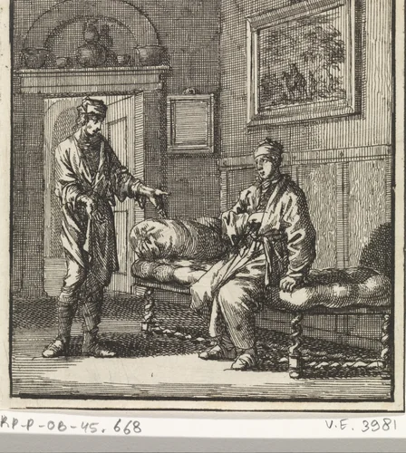 Vanaf een bank voert een man een gesprek met een andere man by Jan Luyken, print, 1711