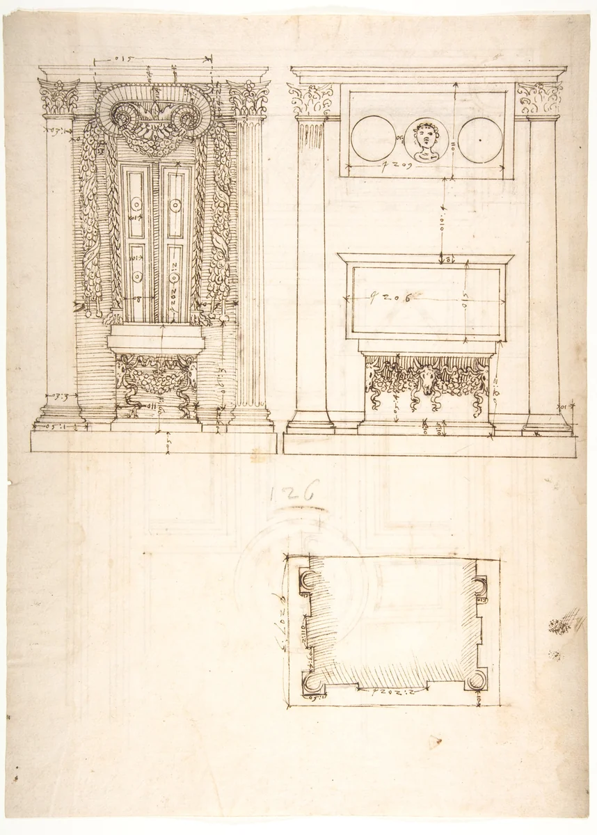 Unidentified, funerary altar, plan and elevations (recto) S. Giovanni Laterano, Oratorio della Santa Croce, paneling, elevation (verso) by anonymous, drawing, 1500-1560