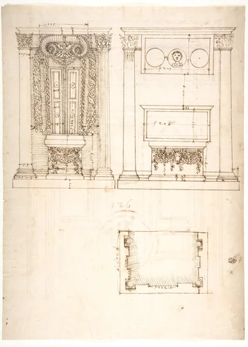 Unidentified, funerary altar, plan and elevations (recto) S. Giovanni Laterano, Oratorio della Santa Croce, paneling, elevation (verso) by anonymous, drawing, 1500-1560