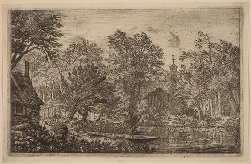 Skiff at a River Bank by Allart van Everdingen, print, 1645-1656