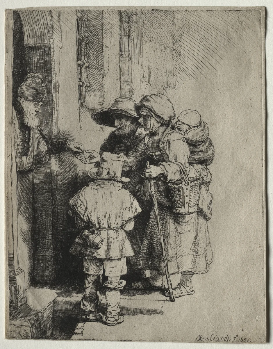 Beggars Receiving Alms at the Door of a House by Rembrandt van Rijn, print, 1648