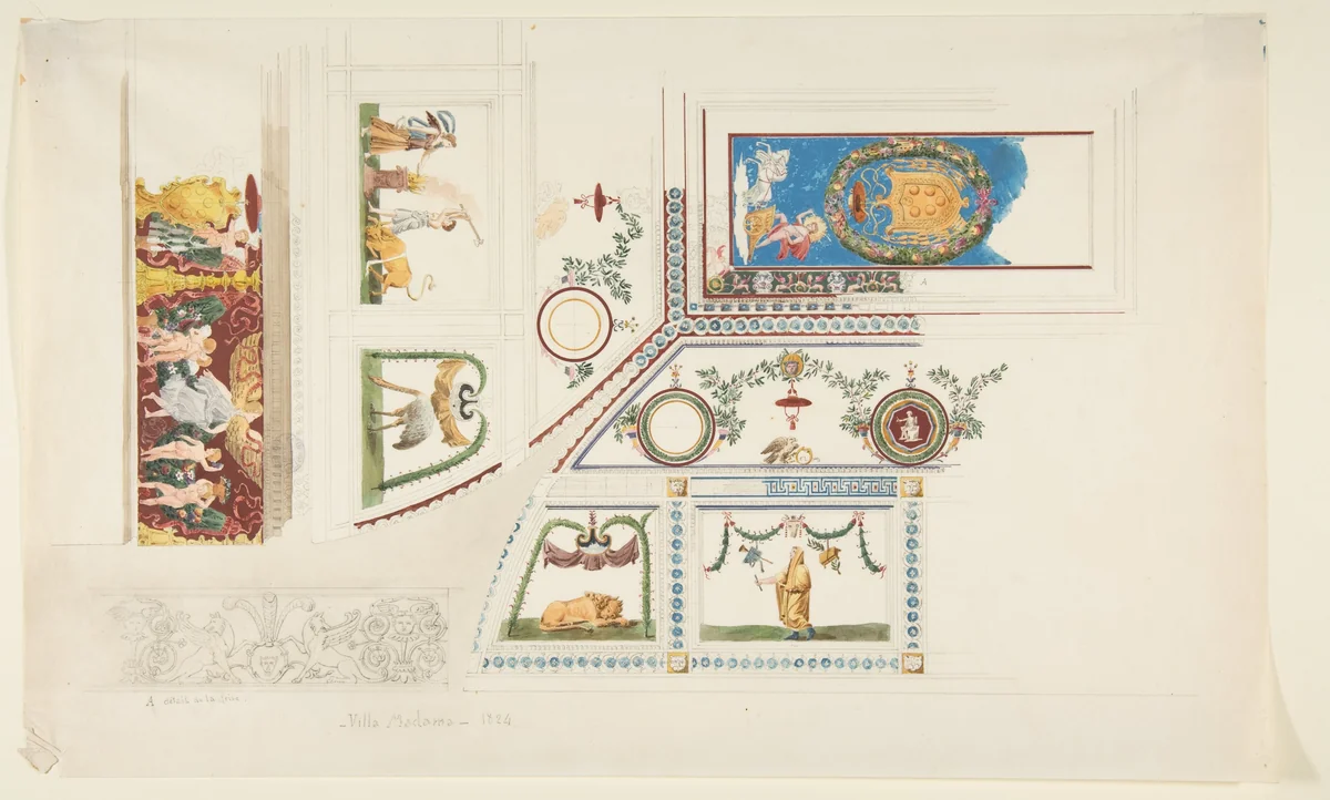 Ceiling, Cove, and Wall Decorations of the "Guilio Romano" Room, Villa Madama by anonymous, drawing, 1824