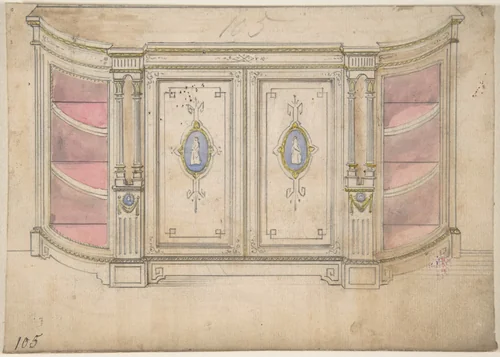 Cabinet Design with Doors Adorned with Porcelain Plaques by anonymous, drawing, 1800-1900