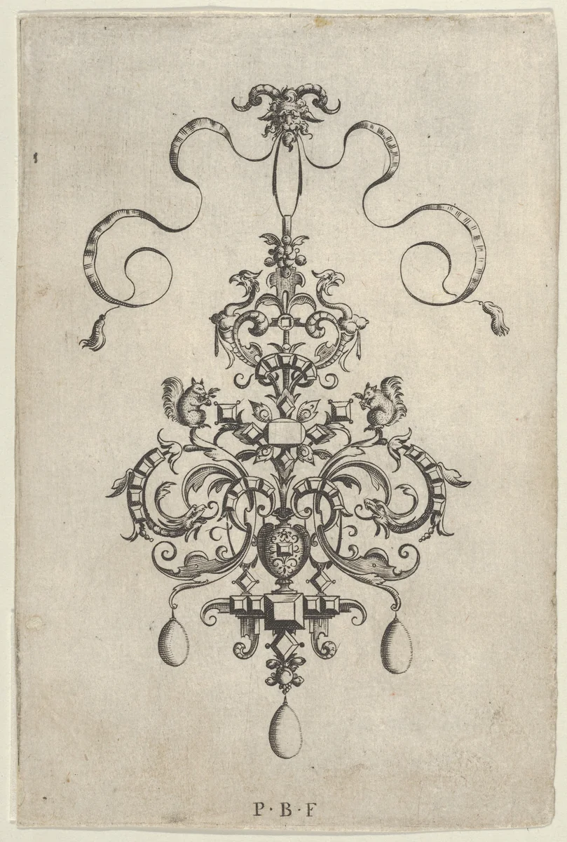 Vertical Panel with Design for a Pendant, from Ars His Myronis Nobilis Effingitus Pagellulis by Paul Birckenhultz, print, 1595-1605