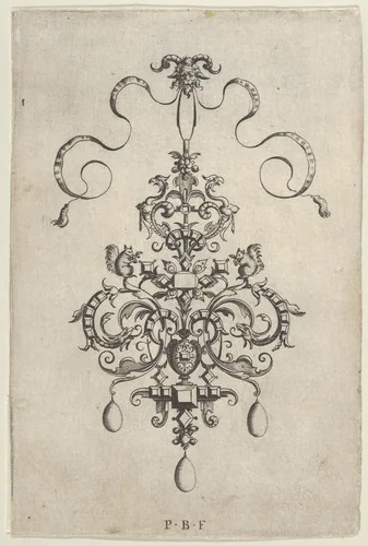 Vertical Panel with Design for a Pendant, from Ars His Myronis Nobilis Effingitus Pagellulis by Paul Birckenhultz, print, 1595-1605