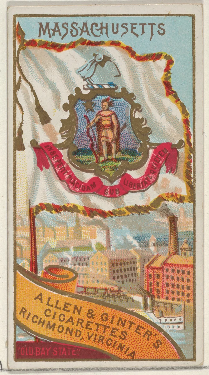 Massachusetts, from Flags of the States and Territories (N11) for Allen & Ginter Cigarettes Brands by Allen & Ginter, print, 1888