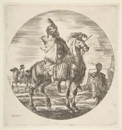 Moorish horseman in profile facing right, a black slave holding a fur at right, another horseman to left in the background, from 'Figures on Horseback' (Cavaliers nègres, polonais et hongrois) by Stefano della Bella, print, 1646-1656