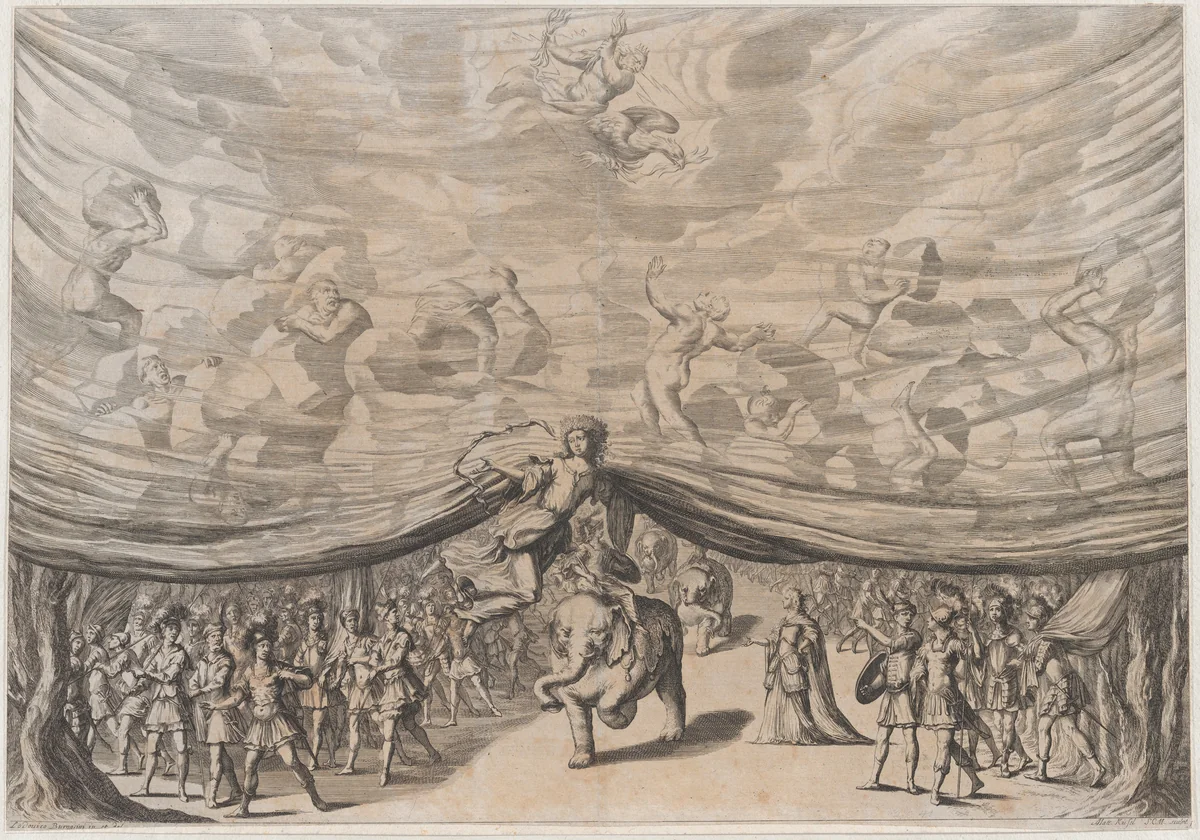 Prologue; the stage curtain is lifted to reveal a soldier on an elephant surrounded by his army; above Jupiter and his eagle look down on men carrying boulders; set design from 'La Monarchia Latina Trionfante' by Mathäus Küsel, print, 1678