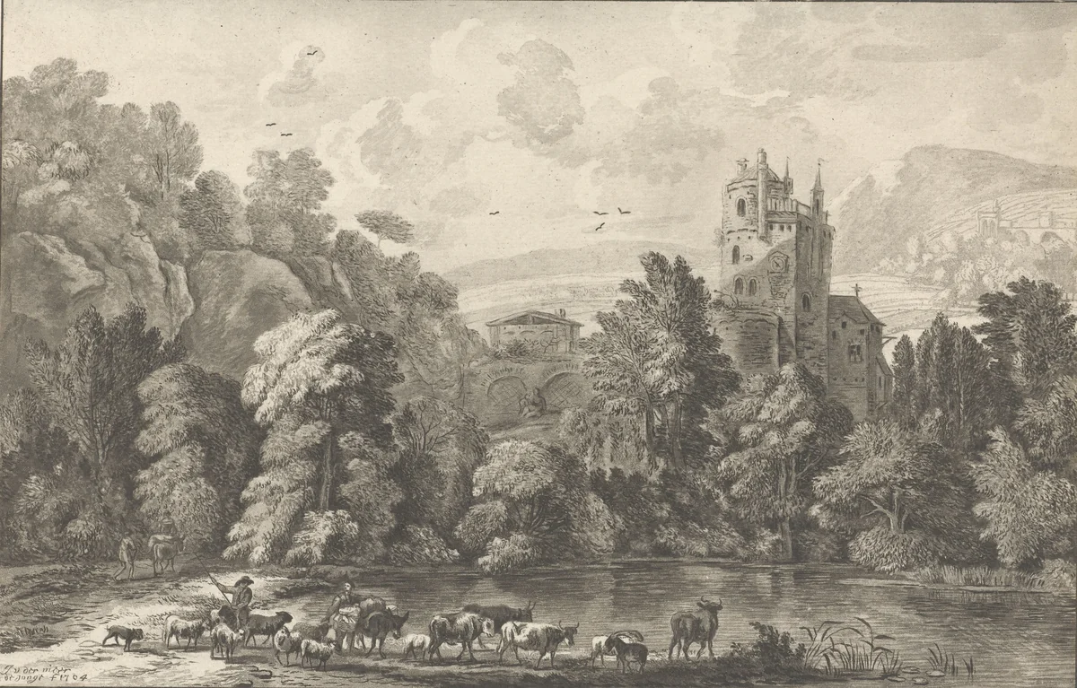 Vallei met kasteel by Cornelis Ploos van Amstel, print, 1784-1786