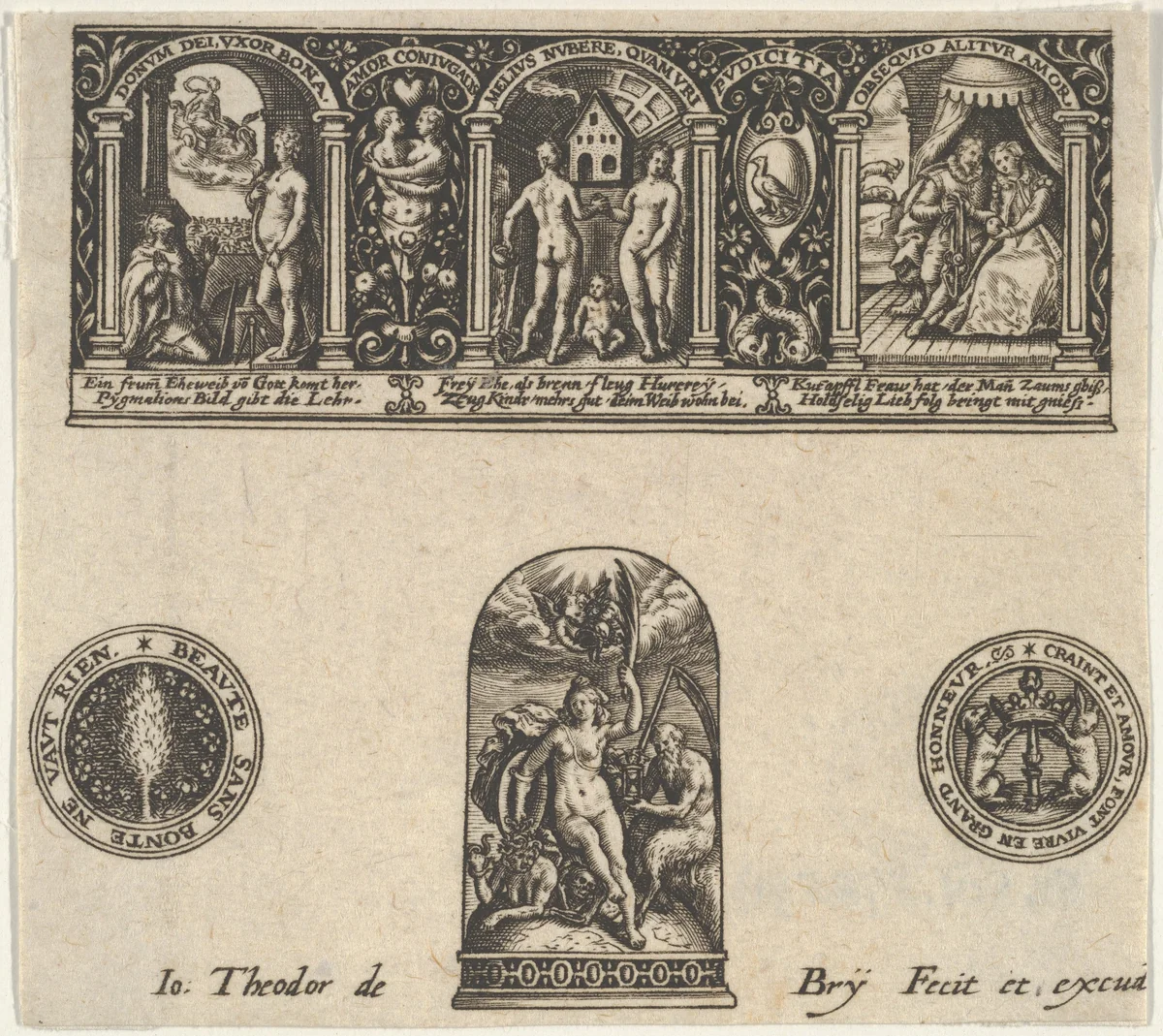 Horizontal Panel with a Thimble Design Below a Frieze with Three Scenes in Arches by Johann Theodor de Bry, print, 1580-1600