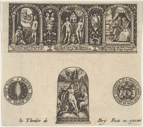 Horizontal Panel with a Thimble Design Below a Frieze with Three Scenes in Arches by Johann Theodor de Bry, print, 1580-1600