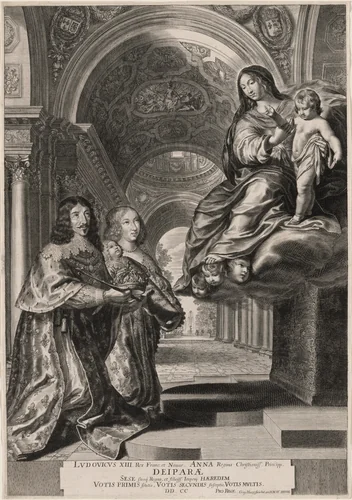 The Vow of Louis XIII (Louis XIII and His Wife, Anne of Austria, Entrusting the New Prince and the Crown to the Virgin) by Grégoire Huret, print, 1638