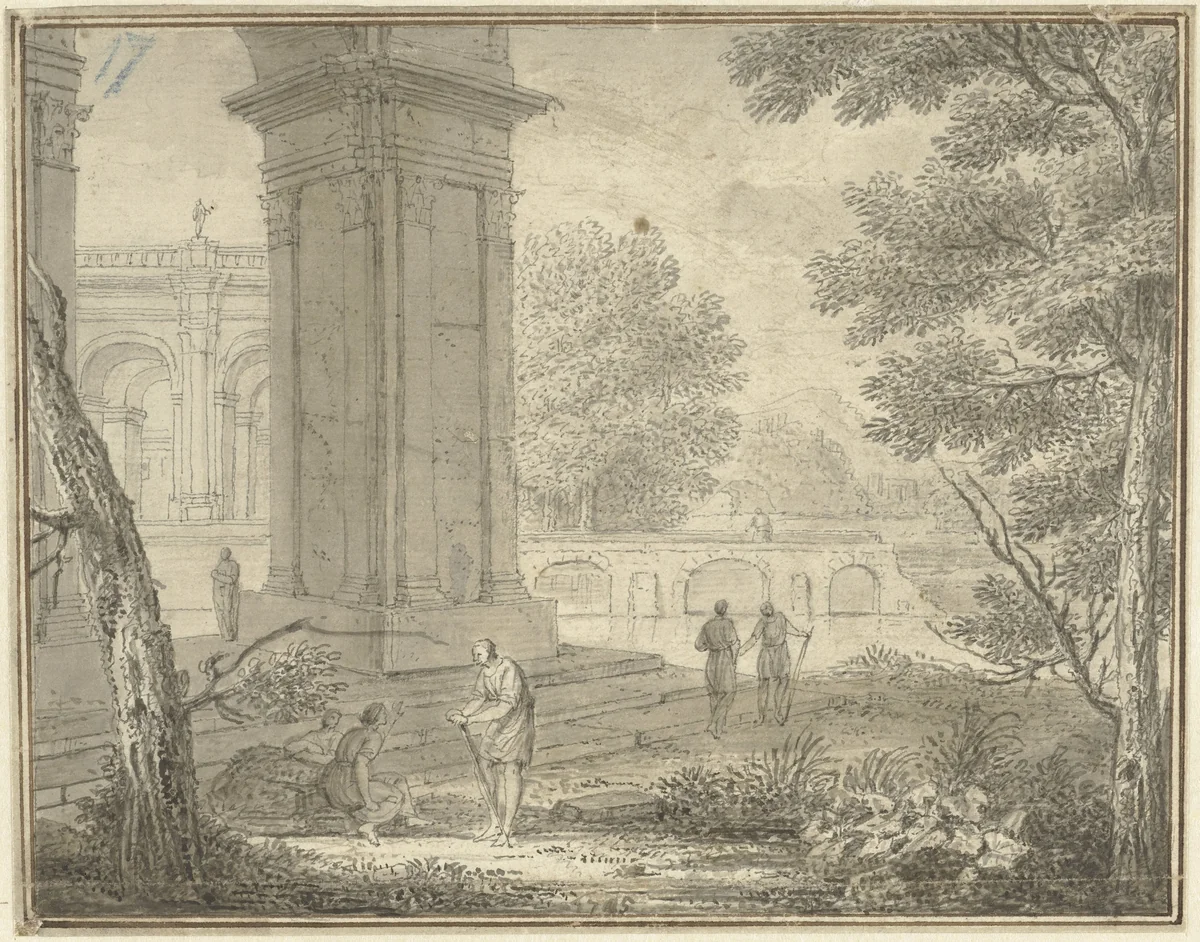 Arcadisch landschap met antieke gebouwen en enkele figuren by Louis Fabritius Dubourg, drawing, 1745