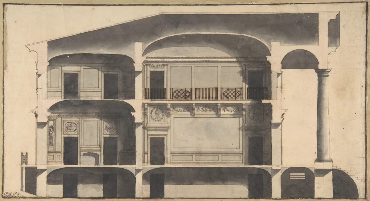 Section of a House with Portico Seen at Right. by Giovanni Battista Galliani, drawing, 1750-1850
