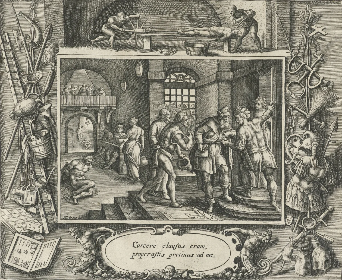 De gevangenen bezoeken by Crispijn van de Passe, print, 1580-1588