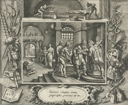 De gevangenen bezoeken by Crispijn van de Passe, print, 1580-1588