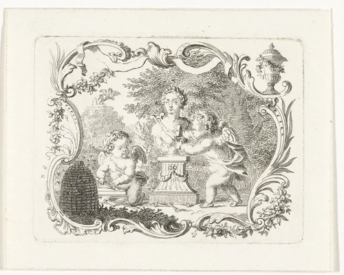 Twee putti met buste van Pan en bijenkorf in cartouche by Abraham Delfos, print, 1741-1820