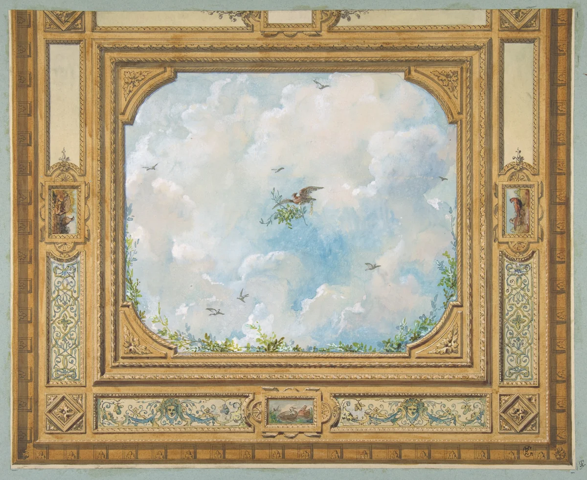 Design for a ceiling decorated with clouds and birds by Jules-Edmond-Charles Lachaise, drawing, 1830-1897