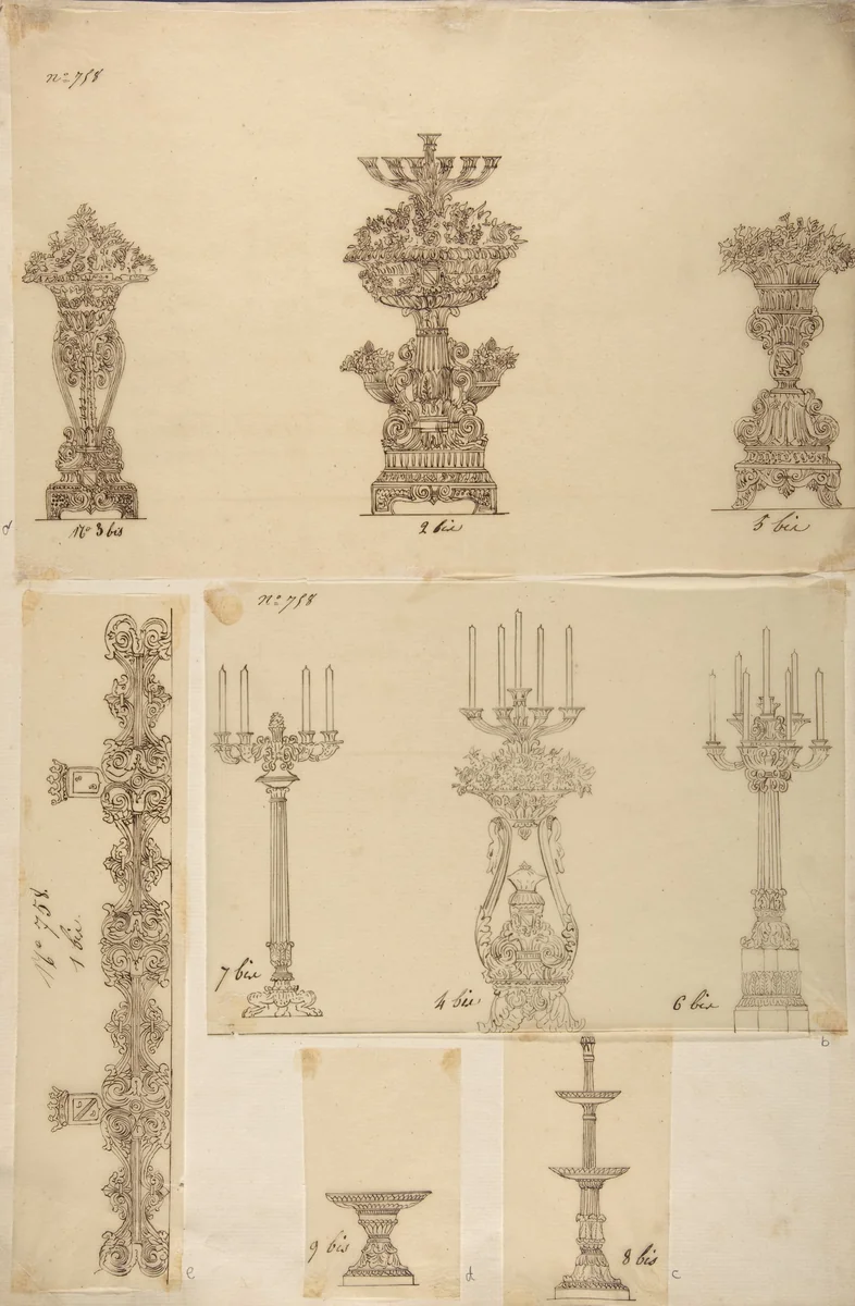 Designs for Three Planters, Three Candelabras, a Dish and a Serving Tray by anonymous, drawing, 1800-1899