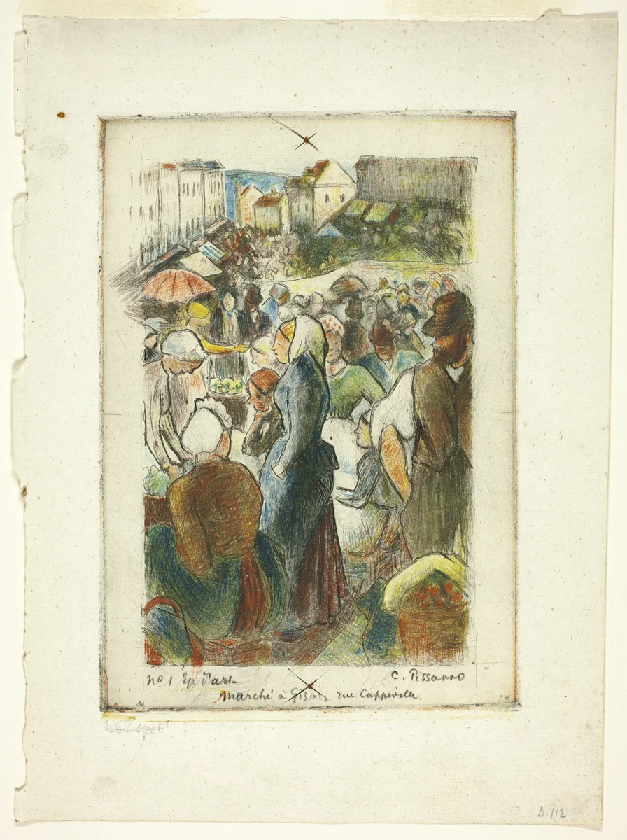 The Market at Gisors; Rue Cappeville by Camille Pissarro, print, 1889-1899