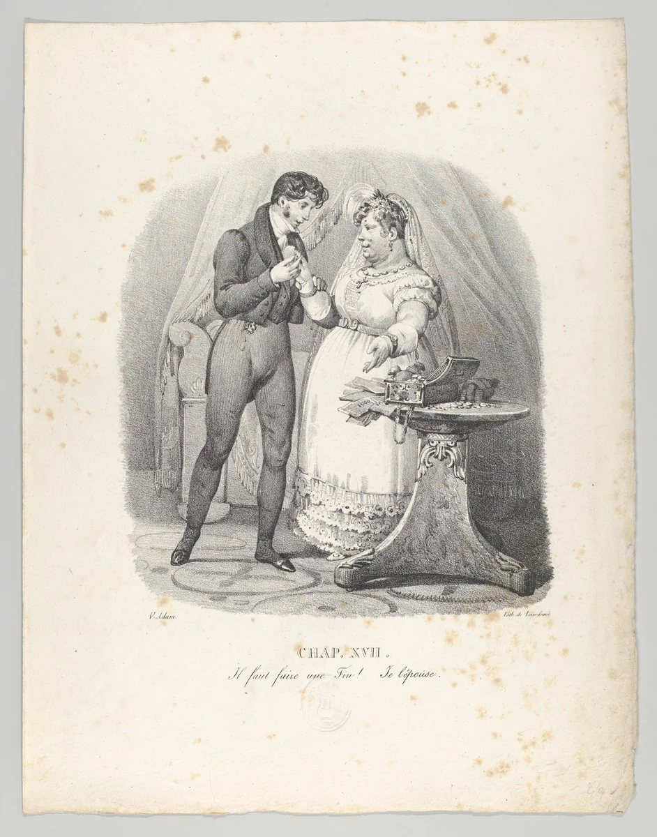 Chap. XVII: Il faut faire une Fin! Je l'épouse (It must end! I am married) by Victor Adam, print, 1824
