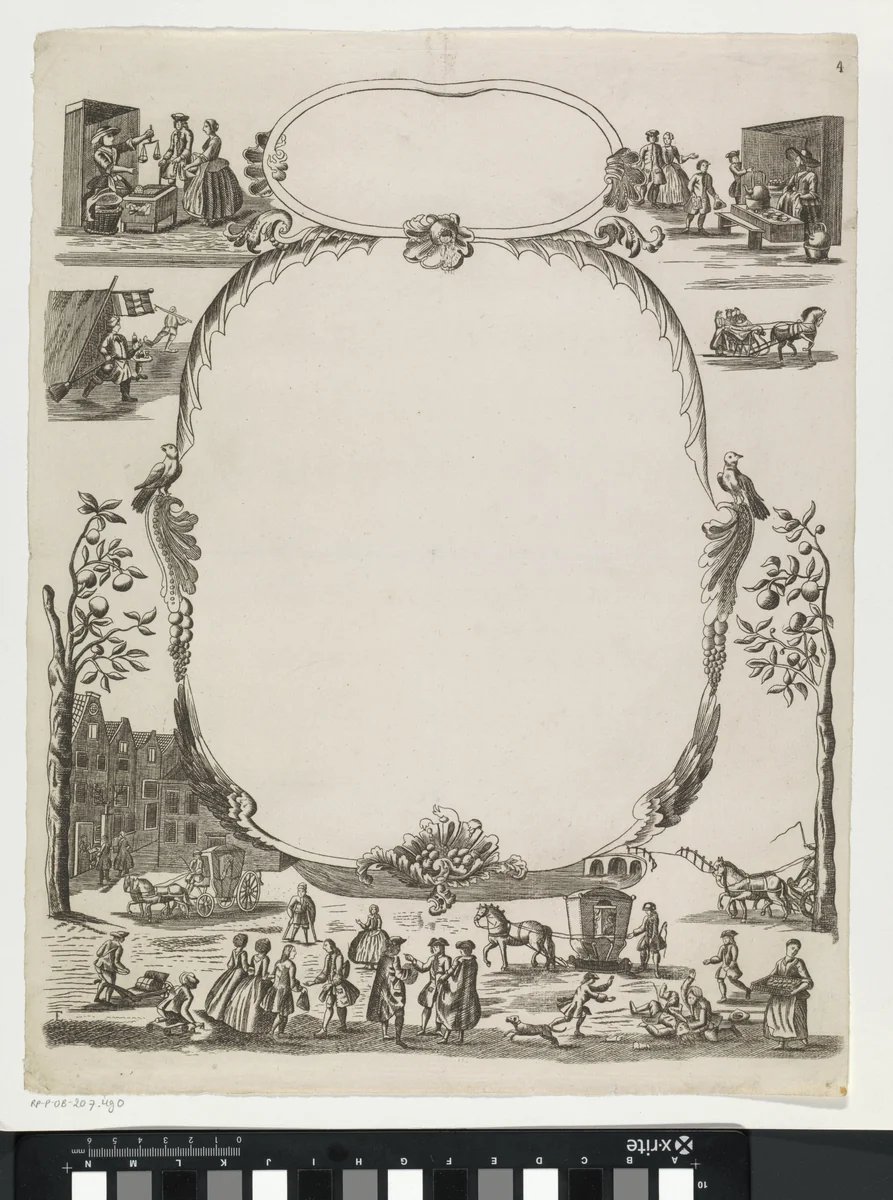 Wensbrief met straattaferelen en straatverkopers by anonymous, print, 1700-1899