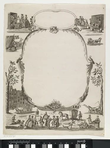 Wensbrief met straattaferelen en straatverkopers by anonymous, print, 1700-1899