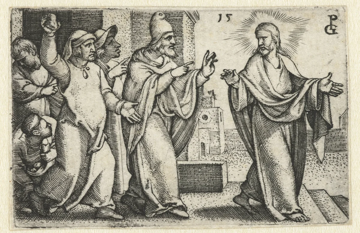 Farizeeën willen Christus stenigen by Unknown, print, 1534-1535
