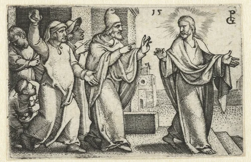 Farizeeën willen Christus stenigen by Unknown, print, 1534-1535