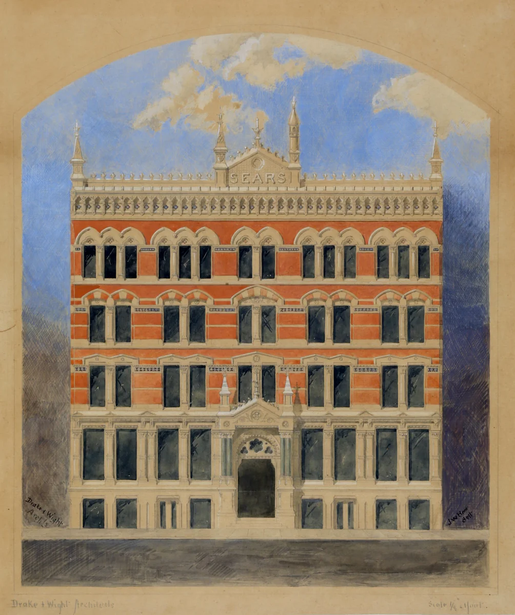 Sears Building, Chicago, Illinois, Elevation of Competition Drawing by Carter Drake and Wight, drawing, 1873