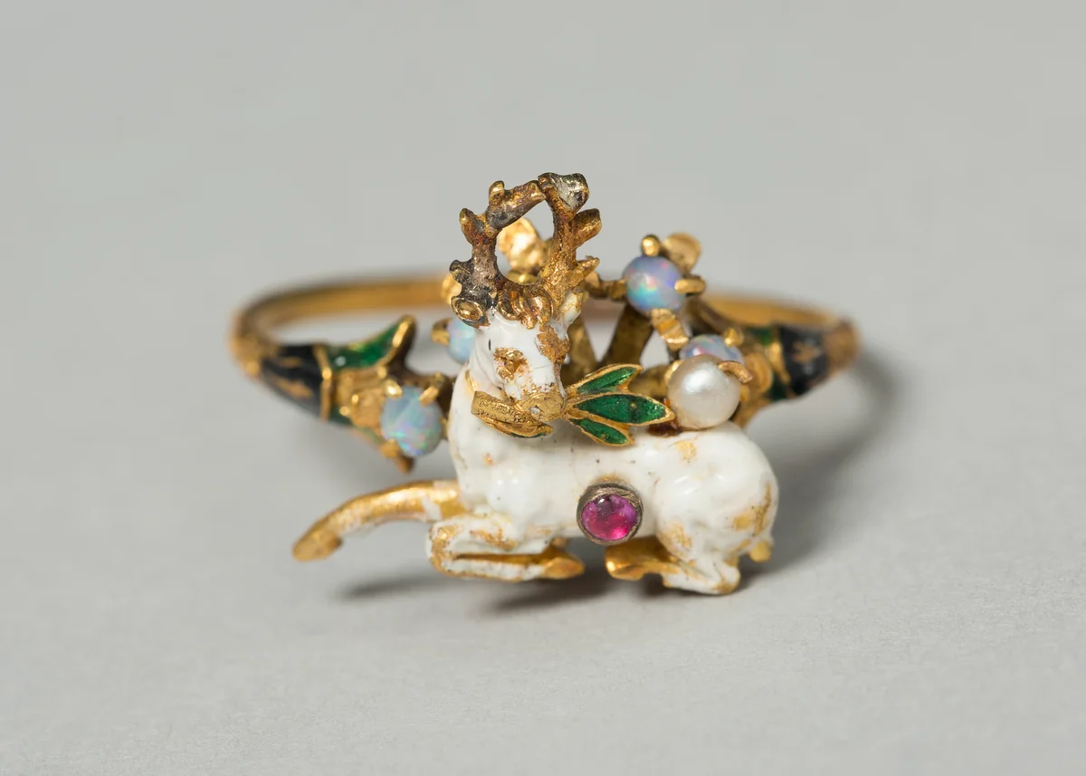 Stag with Herb Branch Mounted as a Ring by German or French, metalwork, 1550-1600