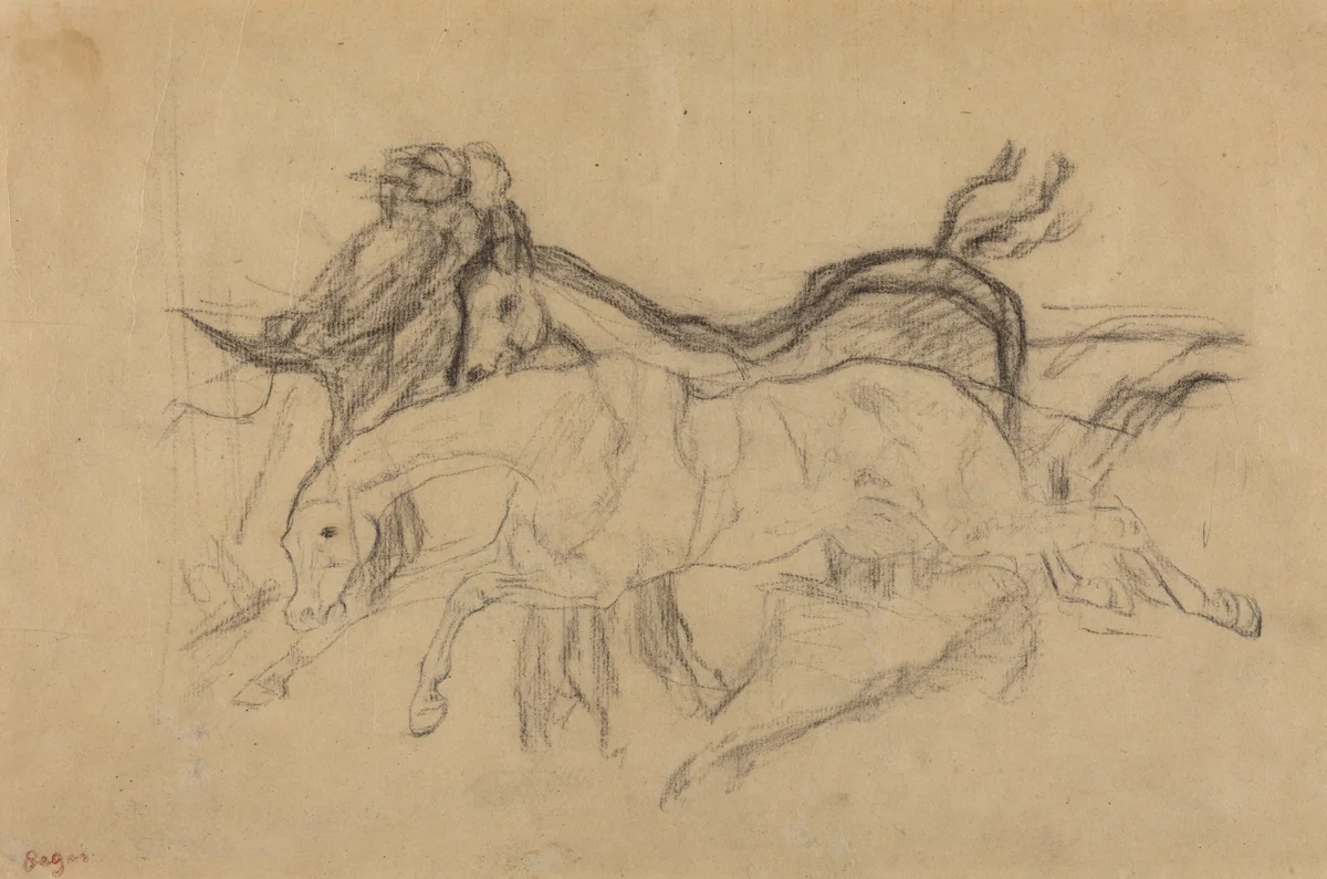 Racehorses (study for "Scene from the Steeplechase: The Fallen Jockey") by Edgar Degas, drawing, 1866-1881