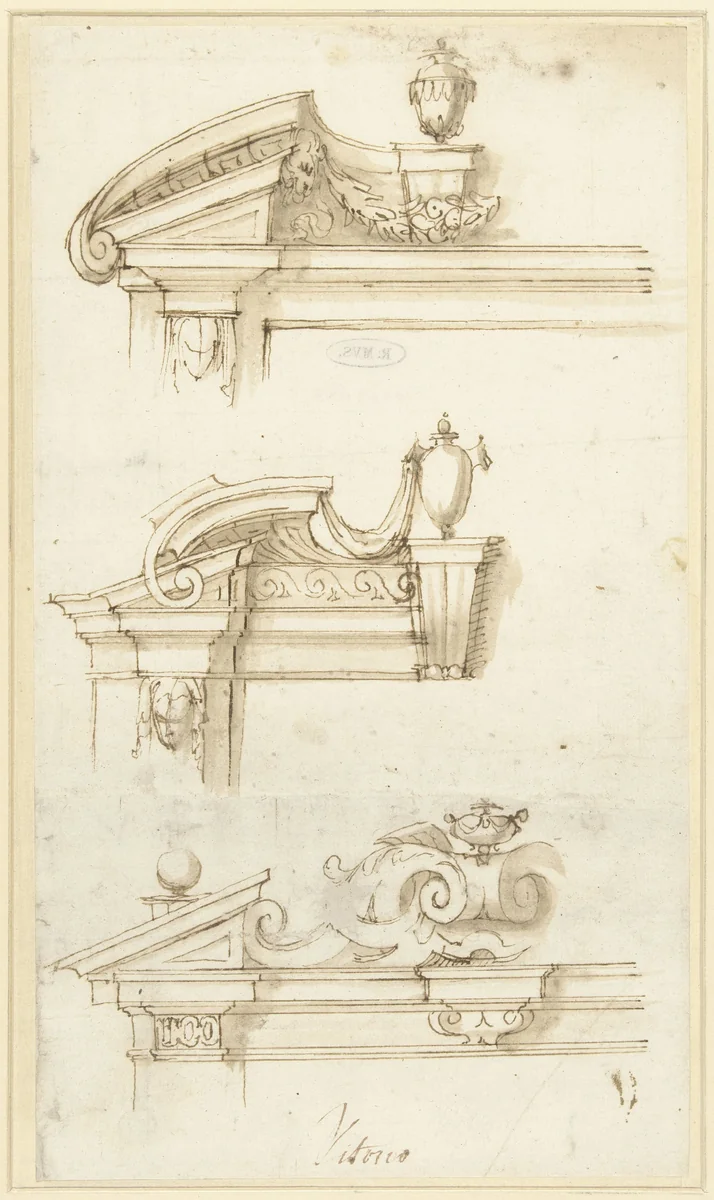 Drie ontwerpen voor deuromlijstingen by Vittorio Maria Bigari, drawing, 1702-1776