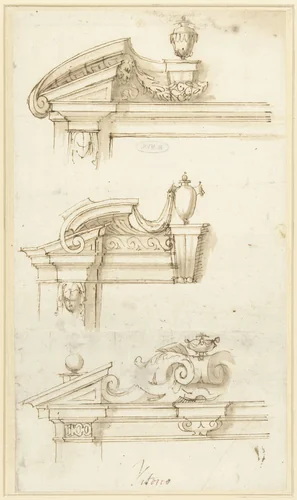 Drie ontwerpen voor deuromlijstingen by Vittorio Maria Bigari, drawing, 1702-1776