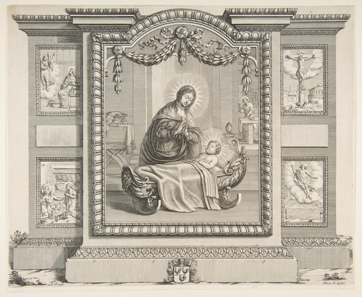 The Nativity with Scenes of The Annunciation, The Adoration of the Shepherds, The Crucifixion and The Resurrection by Abraham Bosse, print, 1620-1676