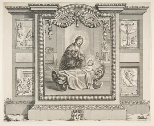 The Nativity with Scenes of The Annunciation, The Adoration of the Shepherds, The Crucifixion and The Resurrection by Abraham Bosse, print, 1620-1676