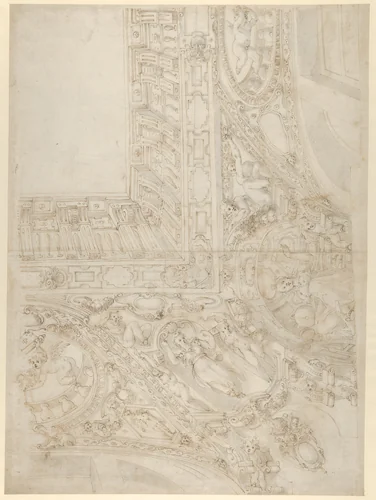 Project for a Rectangular Ceiling with Papal Coat of Arms (recto); Design for a Courtyard (verso) by Giovanni Alberti, drawing, 1558-1601