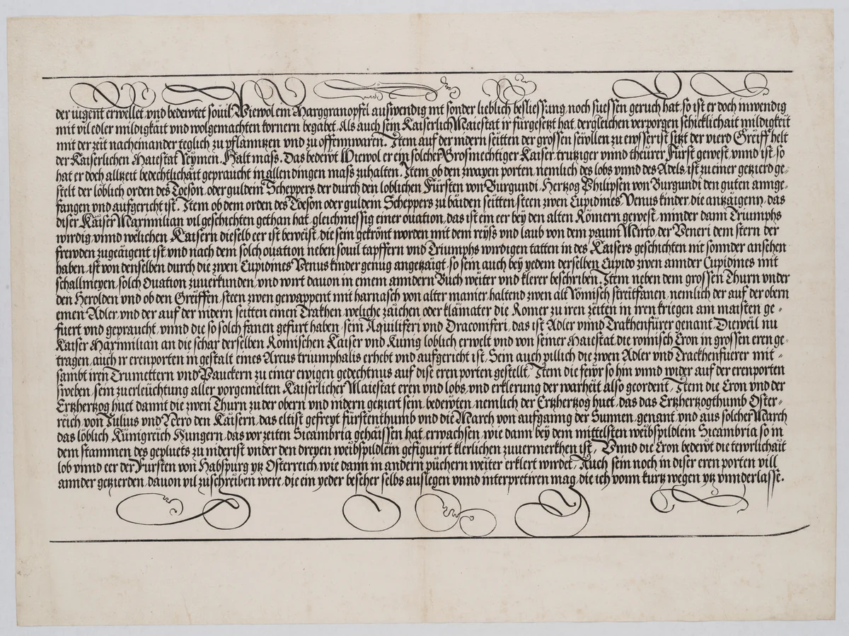 Explanatory Text, Part V, from the Arch of Honor, proof, dated 1515, printed 1517-18 by Hieronymus Andreae, print, 1515